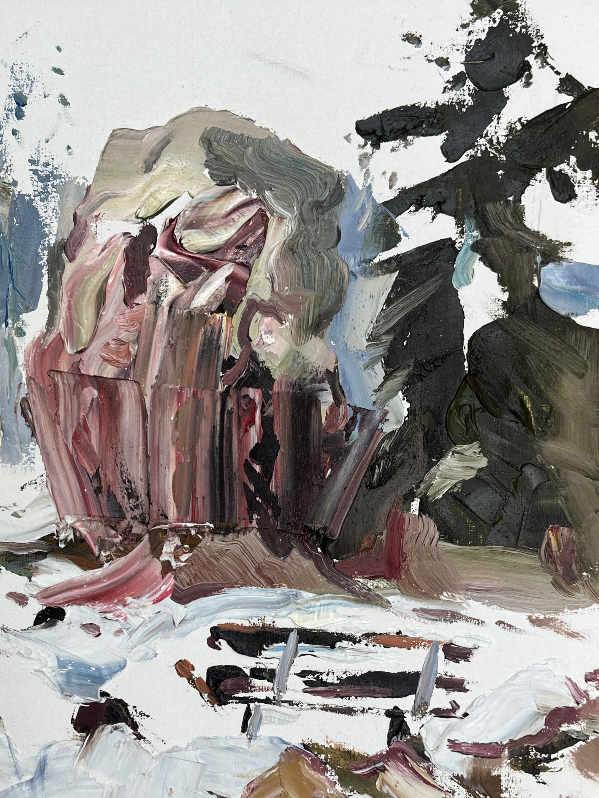 „Parkbank im Schnee“, Öl auf Malplatte, Eiche, 33.7 × 43.7 cm, 2025, Noah Rennebaum